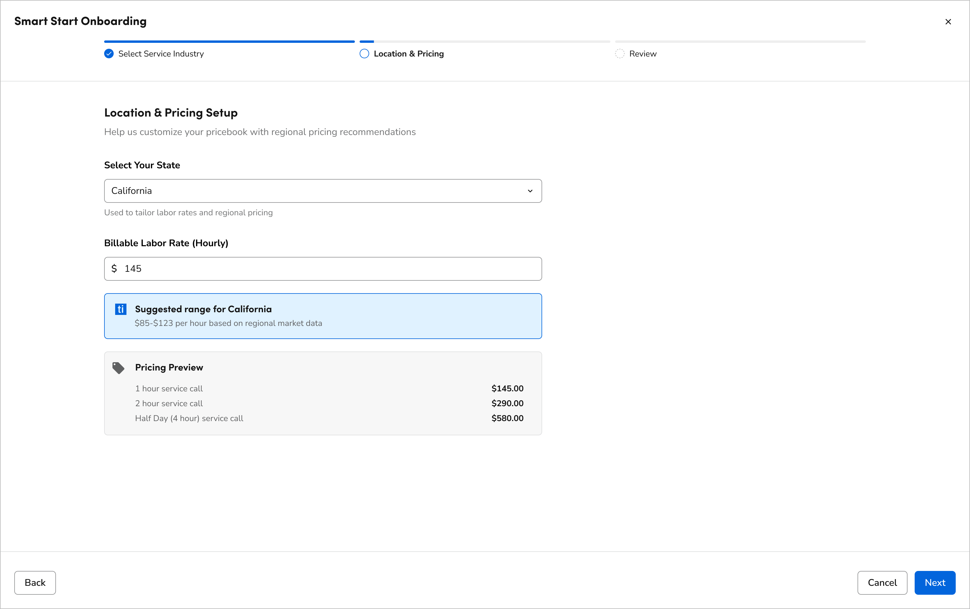 Suggested pricing guide backed by market data per region